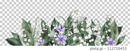 Watercolor banner with spring lilies of the valley and scilla. Watercolor spring primrose flower in border for wedding. Decorative element for greeting card. hand drawn illustration on isolated Watercolor banner with spring lilies of the valley and scilla. Watercolor spring primrose flower in border for wedding. Decorative element for greeting card. hand drawn illustration on isolated 112710433