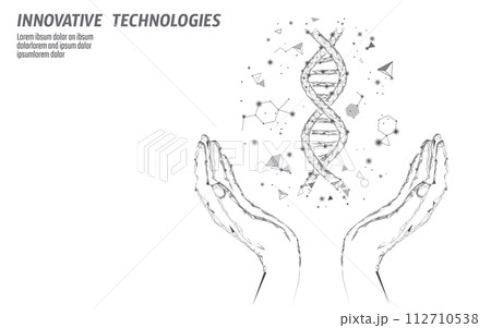 DNA 3D chemical molecule structure hands low poly. Polygonal triangle point line healthy cell part. Microscopic science medicine genome engineering vector illustration future business technology 112710538