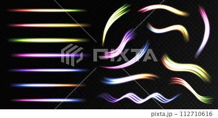 Futuristic neon light line trails. High speed effect motion blur night lights. Light everyday glowing effect. Abstract neon speed glowing wavy lines. Futuristic neon light line trails. High speed effect motion blur night lights. Light everyday glowing effect. Abstract neon speed glowing wavy lines. 112710616
