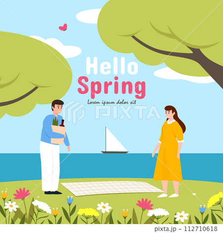 Hello Spring template. Happy family on picnic. Vector illustration EPS10 112710618