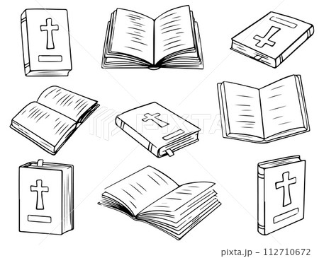 Christian Holy Bible Book. Vector illustrations depict a set of Holy Bible books that open, close, showing cover. Religious Text Containing Stories And Prophecies. 112710672