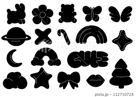 Bubble abstract shapes sticker pack. Bubble elements y2k. Funky balloon organic elements icon sign in trendy retro y2k style. 112710728