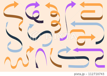 Various cartoon colorful playful arrow pointers set. Dynamic twist spiral lines, curve playful signs or quirky direction doodles, curvy cool pointer. 112710743