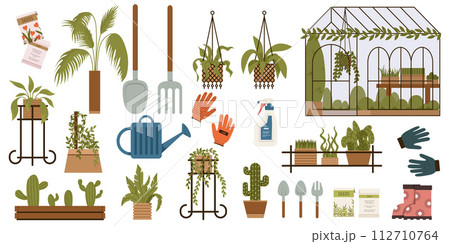 Garden furniture. Botanical garden. Concept of home gardening, flowers and plants at home and outdoor. Gardening equipment. Garden furniture. Botanical garden. Concept of home gardening, flowers and plants at home and outdoor. Gardening equipment. 112710764