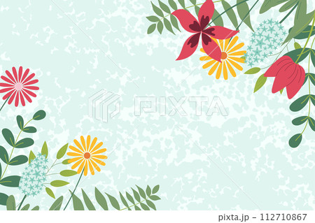 Hand sketched background, vector illustration. Borders with leaves and flowers on corners for greeting card, invitation template on texture background. Retro, vintage banner, poster, background. 112710867