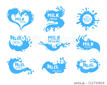 Milk flows logo set. Milk splash cartoon labels, cow or goat dairy product splash drops with lettering flat vector illustration set. Milky splash logo collection 112710929