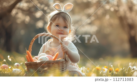 Cute 2 years old toddler girl playing with a basket full with Easter eggs outside, nature background 112711083