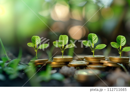 AI-generated content. Conceptual image of green plant sprouts growing from stacked coins, symbolizing financial growth and eco-friendly investment. 112711085