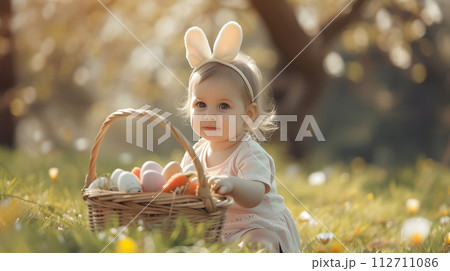 Cute 2 years old toddler girl playing with a basket full with Easter eggs outside, nature background 112711086