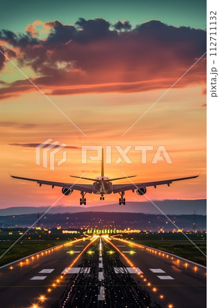 AI-generated content. Aircraft descending onto the runway with landing lights on, against a backdrop of a colorful dusk sky. 112711132