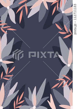 Vector vertical invitation card with flowers and leaves. Botany design on blue background. 112711183