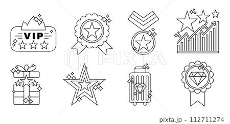 Exclusive benefits icon collection. VIP ticket, Star, diamond and gift box, medal icons set 112711274