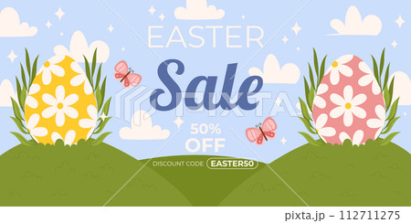 Easter sale horizontal background template for promotion. Design on sky blue background with green grass field, painted eggs and butterfly. Easter sale horizontal background template for promotion. Design on sky blue background with green grass field, painted eggs and butterfly. 112711275