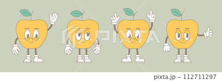 Retro groovy cartoon characters. Modern cute comic mascot of apples with happy smile face, hands and feets. Cute active fruits. Retro groovy cartoon characters. Modern cute comic mascot of apples with happy smile face, hands and feets. Cute active fruits. 112711297