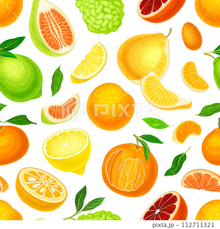 Citrus Fresh Juicy Bright Seamless Pattern Design Vector Template 112711321