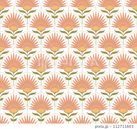 Beige damask floral hand drawn wallpaper. Pastel simple meadow flower seamless pattern. Vector botanical print 112711603