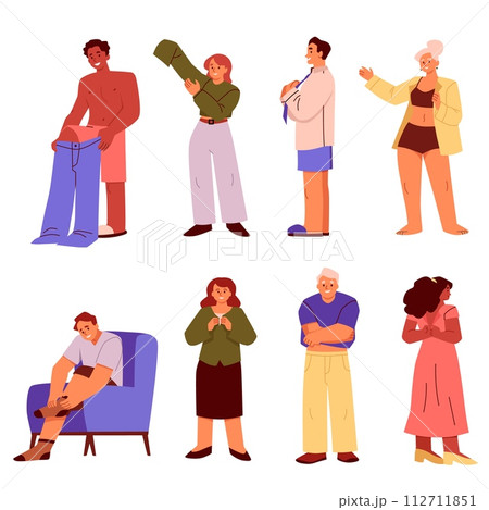 People dressing up and trying on clothes, set of flat cartoon vector 112711851