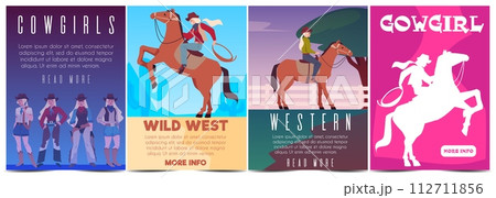 Cowgirls riding on horse at a Rodeo, American western ranger women vector vintage posters set, ladies in wild west style 112711856