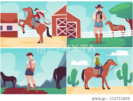 Set of cowgirls with horses at ranch and in desert. Set of cowgirls with horses at ranch and in desert. 112711859