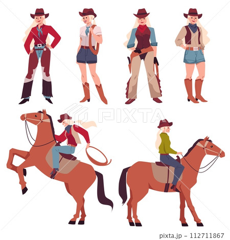 Cowgirls, set of vector illustrations in cartoon style isolated on white 112711867