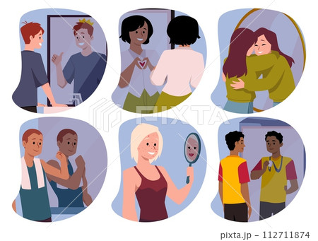 People who accept their appearance with mirror, flat vector illustrations set. People who accept their appearance with mirror, flat vector illustrations set. 112711874