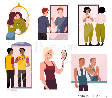 Happy people look at their reflection in the mirror with optimism and imagine themselves successful, vector positive set Happy people look at their reflection in the mirror with optimism and imagine themselves successful, vector positive set 112711875