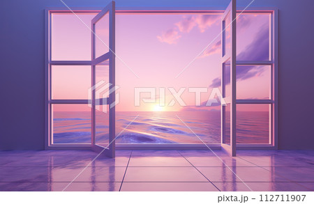 Open window with tropical landscape and ocean...のイラスト素材 [112711907] - PIXTA