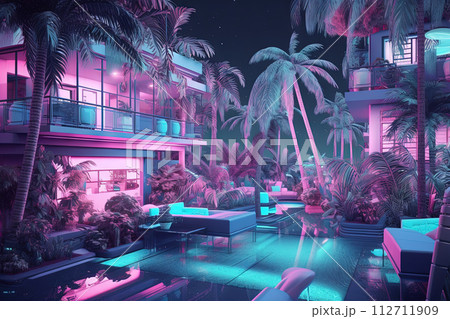 Neon lightened hotel lobby in synthwave style....のイラスト素材 [112711909 ...