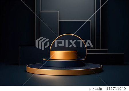Dark blue pedestal in black room with geometric shapes. Podium for product showcase. Generated AI. 112711940