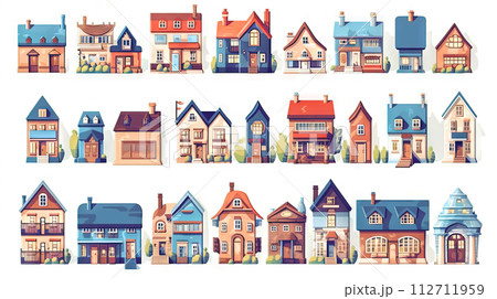 Set of cute residental houses in the neighborhood. Colorful architecture of suburb or village cottages. Generated AI. Set of cute residental houses in the neighborhood. Colorful architecture of suburb or village cottages. Generated AI. 112711959