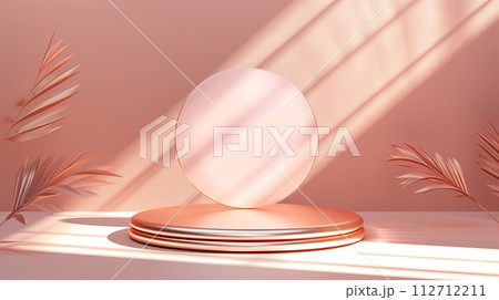 stylish podium for products and advertising in peach color with rays of sun and palm leaves 112712211