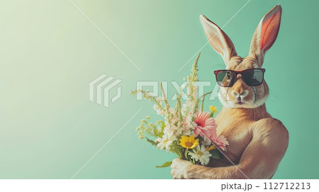 Easter rabbit bodybuilder in sunglasses with bouquet of flowers on plain green sunny background, copy space. Sporty rabbit 112712213