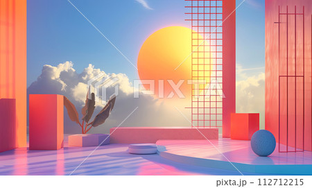 retro Abstract landscape scene for product display, bright landscape with sky, sun and geometric figures 112712215