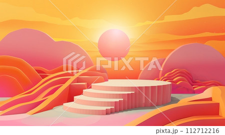 retro Abstract landscape scene for product display, bright landscape with sky, sunset and geometric figures 112712216