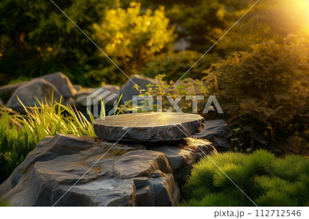 AI-generated content. A picturesque podium made of rock, stone in a natural environment in bright sunlight with green leaves around. Textured stone podium, rock stand among green foliage and sun rays 112712546