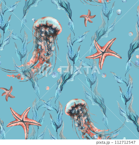 Underwater world clipart with sea animals jellyfish, starfish, bubbles and algae. Hand drawn watercolor illustration. Seamless pattern on a blue background. 112712547
