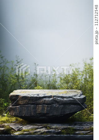 AI-generated content. Flat stone platform, rock podium against a background of green plants in the morning sun. Eco concept, pedestal for the presentation of natural products. 112712548
