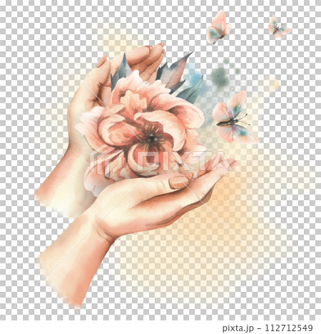Beautiful peonies in peach fuzz color with leaves and flying butterflies in female hands. Hand drawn watercolor illustration. The composition is isolated from the background. Beautiful peonies in peach fuzz color with leaves and flying butterflies in female hands. Hand drawn watercolor illustration. The composition is isolated from the background. 112712549