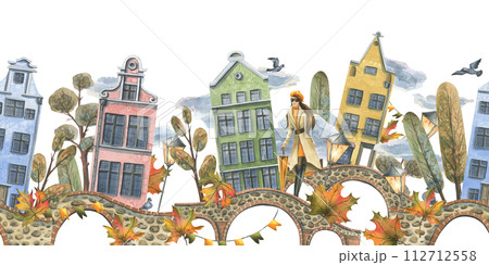 Ancient European houses are colorful, with autumn trees and leaves, with a girl in a raincoat with an umbrella. Hand drawn watercolor illustration. Seamless border is isolated from the background Ancient European houses are colorful, with autumn trees and leaves, with a girl in a raincoat with an umbrella. Hand drawn watercolor illustration. Seamless border is isolated from the background 112712558