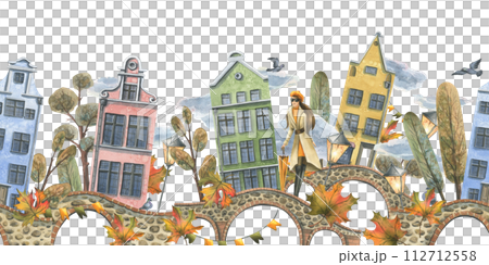 Ancient European houses are colorful, with autumn trees and leaves, with a girl in a raincoat with an umbrella. Hand drawn watercolor illustration. Seamless border is isolated from the background Ancient European houses are colorful, with autumn trees and leaves, with a girl in a raincoat with an umbrella. Hand drawn watercolor illustration. Seamless border is isolated from the background 112712558