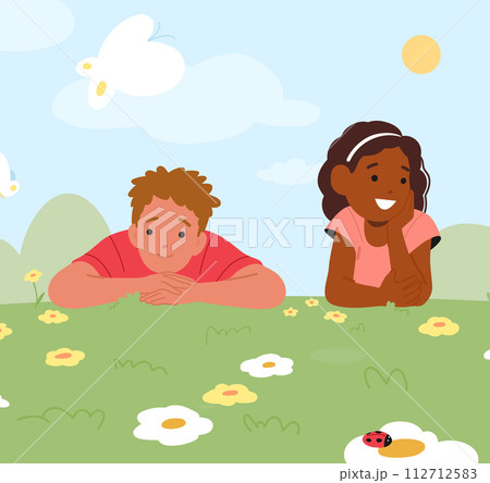 Children Characters Sprawl On Lush Spring Meadow, Giggling Amid Daisies And Clover, Soaking Up Sun Warmth 112712583