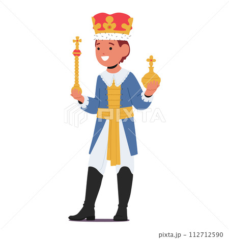 Young Boy Character In A Regal King Costume, Exudes Majesty With Golden Crown, Scepter And A Majestic Sash Young Boy Character In A Regal King Costume, Exudes Majesty With Golden Crown, Scepter And A Majestic Sash 112712590