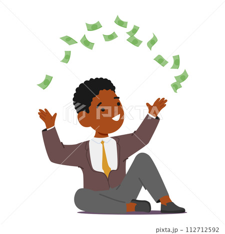 Young Entrepreneur Black Kid Character Gleefully Scatters Currency Aloft, Exuding Confidence And Success 112712592