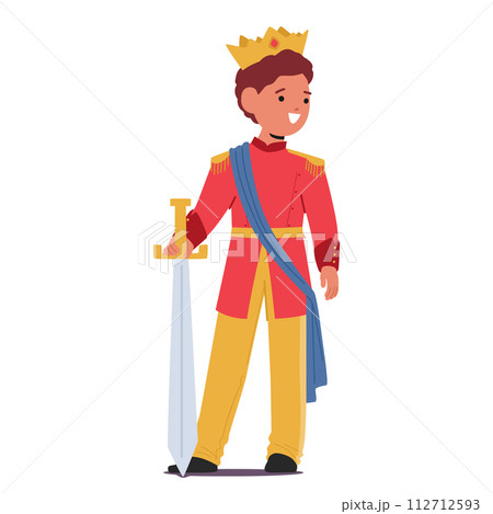 Young Child Character Dressed As A Prince, Adorned In Regal Costume, Golden Crown And Sword, Embodies Nobility Young Child Character Dressed As A Prince, Adorned In Regal Costume, Golden Crown And Sword, Embodies Nobility 112712593