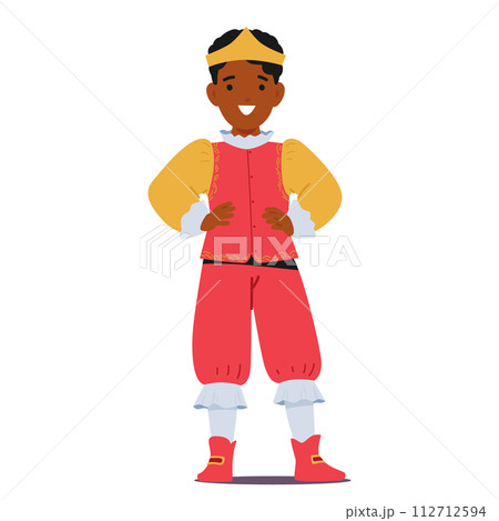 Little Black Boy Character In Prince Costume And Golden Crown Posing With Arms Akimbo, Exudes Regal Charm And Nobility 112712594