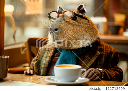business anthropomorphic capybara businessman in a checkered jacket and glasses drinking a cup of cappuccino coffee at the table in a modern coffee shop Coffee Festival business anthropomorphic capybara businessman in a checkered jacket and glasses drinking a cup of cappuccino coffee at the table in a modern coffee shop Coffee Festival 112712609
