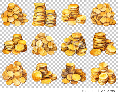 Shimmering Stacks of Gold Coins 112712799