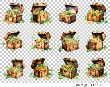 Wooden Treasure Chest Overflowing with Gold Coins 112712802