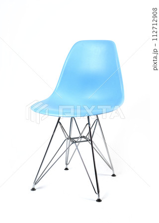 Blue color chair, modern designer. Chair isolated on white background. Kitchen or home furniture with iron legs Blue color chair, modern designer. Chair isolated on white background. Kitchen or home furniture with iron legs 112712908