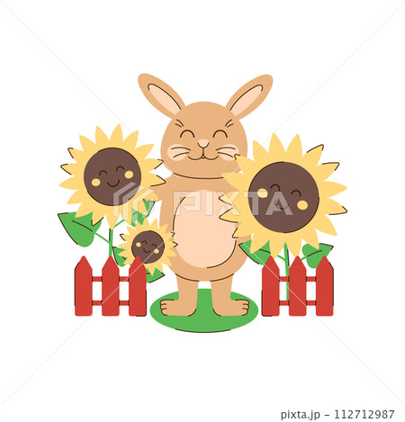 Rabbit standing with sunflowers.  Summer character and flowers. Cute beige bunny. Seasonal vector illustration in flat style 112712987